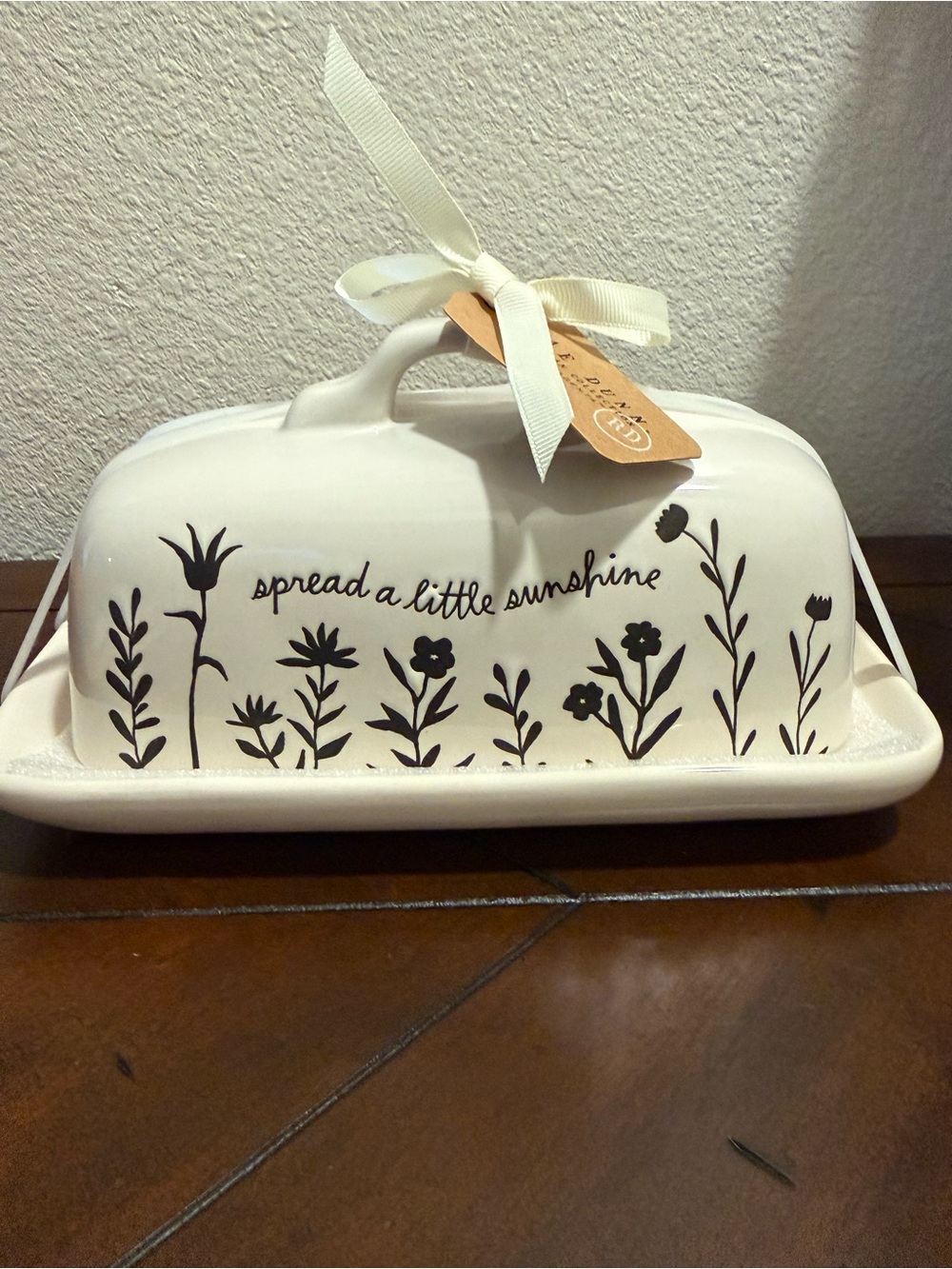 Rae Dunn White Ceramic Butter Dish with Black Floral Script